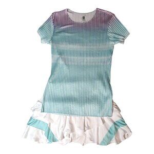 K Swiss Tennis & Pickleball Set Pleated Crew Top & Flounce Skirt Ombre Coastal S